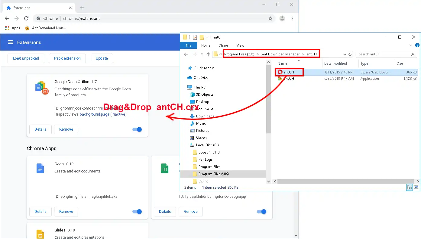 The manual installation of Ant Download Manager (Download with Ant Download Manager) extension to Chrome. Step #2.