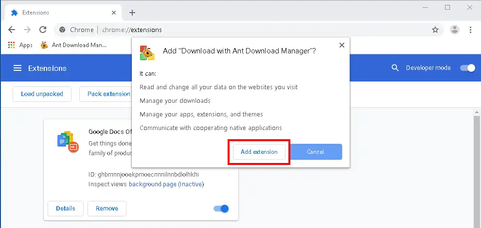 The manual installation of Ant Download Manager (Download with Ant Download Manager) extension to Chrome. Step #3.
