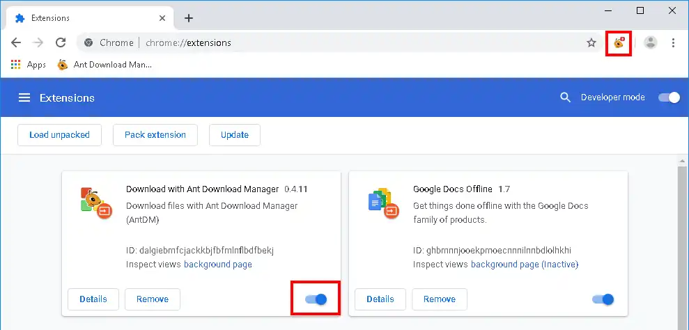 The manual installation of Ant Download Manager (Download with Ant Download Manager) extension to Chrome. Step #4.