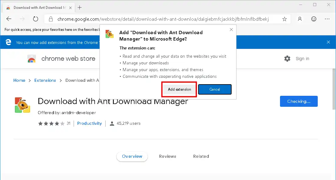 How to install Ant Download Manager (AntDM) addon to Microsoft EDGE Browser. Step #4.