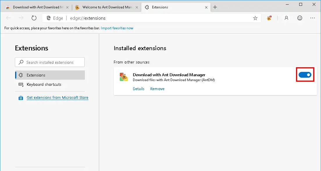 How to install Ant Download Manager (AntDM) addon to Microsoft EDGE Browser. Step #5.