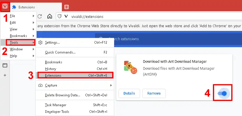How to install Ant Download Manager (AntDM) addon to Vivaldi. Step #1.