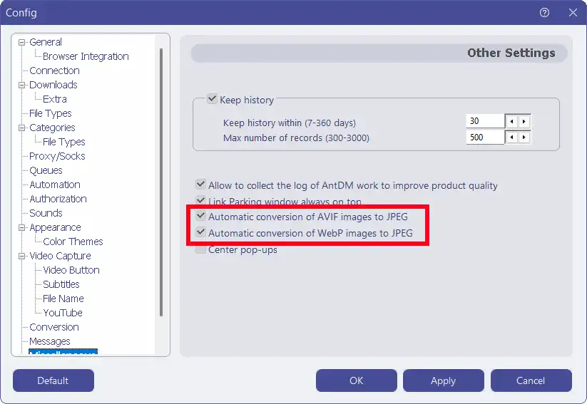 Ant Download Manager (AntDM) AVIF & WEBP conversion settings