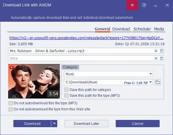 Ant Download Manager (AntDM) download video file